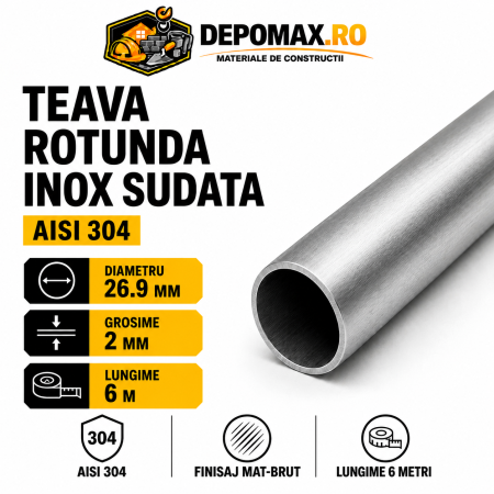 Teava rotunda inox sudata AISI 304, 26.9 x 2 mm, 6 metri